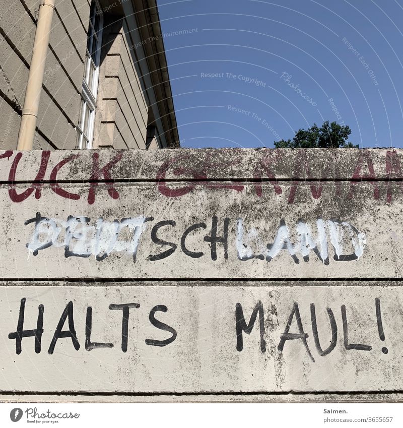 Shut up writing Wall (building) Sky tree House (Residential Structure) Wall (barrier) Exterior shot Deserted Colour photo Facade built Copy Space top