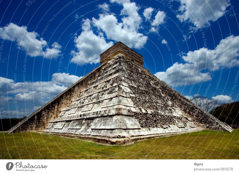 thecorner of chichen itza temple,kukulkan Plant Clouds Tree Castle Blue Brown Yellow Gray Green Black White Colour step stairs Maya Aztec Mexico Temple marble