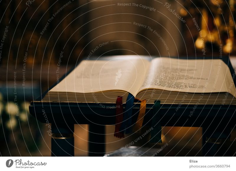 Printed matter | Opened Bible in the church Church Book Struck Religion and faith Christianity Church service Prayer Belief Reading great pray Holy Spirituality