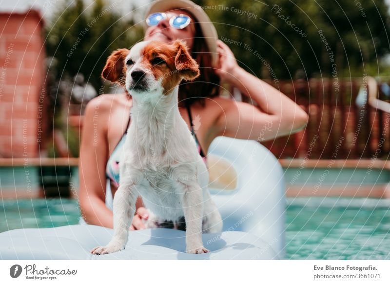 happy woman and dog in a pool having fun. sitting on inflatable. Summer time swimming pool blue water summer time love jack russell hat young together