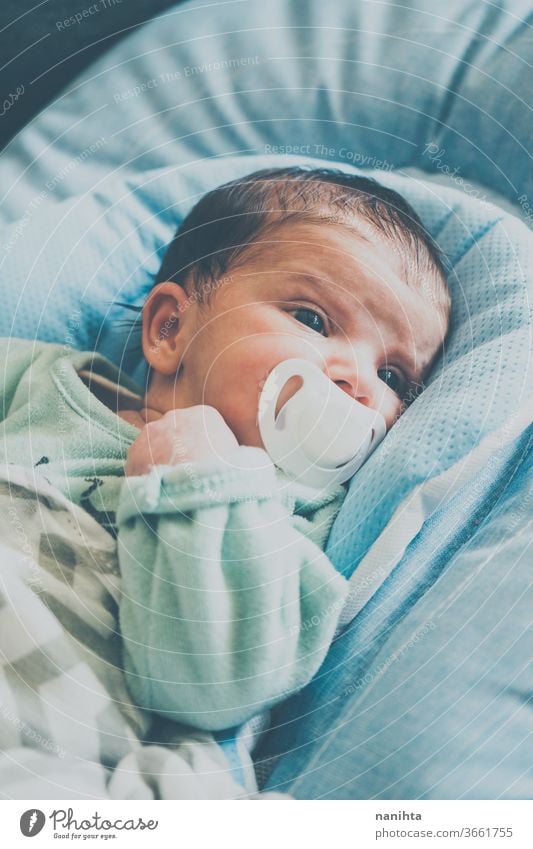 Newborn girl using a pacifier baby face cute new born newborn child birth first month boy family daughter son lovely adorable real tired sleep calm quiet lying