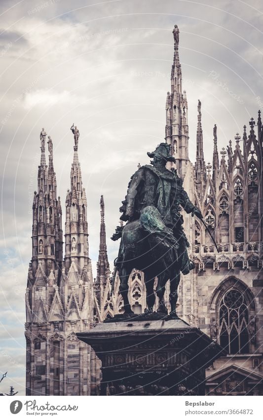 View of the Vittorio Emanuele II monument in front of the Milan Duomo - Italy Christianity ancient antique architecture art artistic arts asset bronze carve