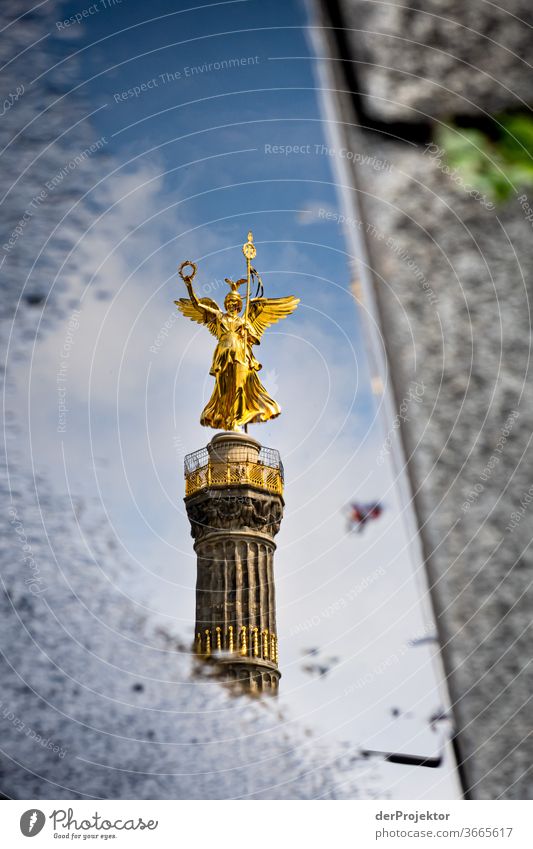 Victory column in a puddle reflection with asphalt and curb Downtown Deserted Tourist Attraction Landmark Monument Gold Statue Colour photo Exterior shot