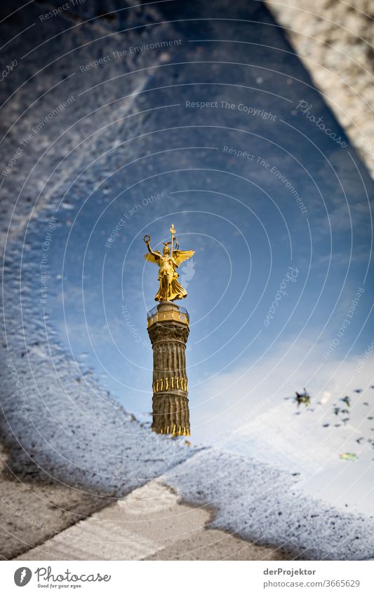Victory column in a puddle reflection with asphalt Downtown Deserted Tourist Attraction Landmark Monument Gold Statue Colour photo Exterior shot Copy Space left