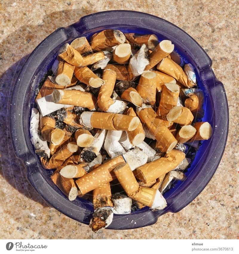 blue glass ashtray full of cigarette butts in top view Ashtray Cigarette Butt dumb Fag plan chain smoker Coffin nail Nicotine Smoking smoking Vice Addiction