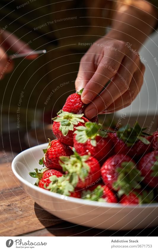 Crop housewife preparing delicious pie at home cook homemade cake woman kitchen dessert peel strawberry prepare female product process fresh recipe pastry table