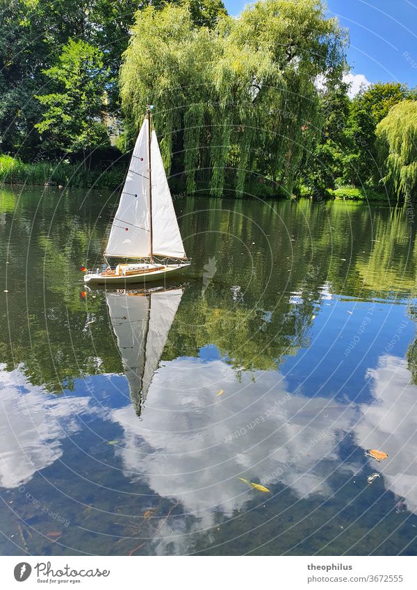 A model sailing boat sailing on a pond on a summer day Sail Sailboat Model-making Clouds in water Summer graze Miniature Sailing