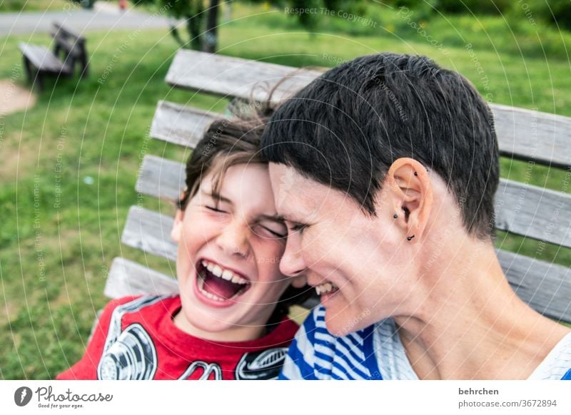 favourite person | because we can laugh so wonderfully together portrait Blur Sunlight Contrast Light Day Close-up Exterior shot Colour photo Motherly love Son