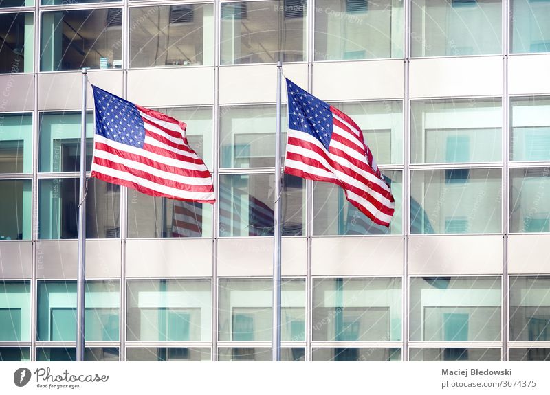 Two American Flags in front of an office building, New York. flag USA skyscraper patriotism urban national freedom waving symbol success stripes stars modern