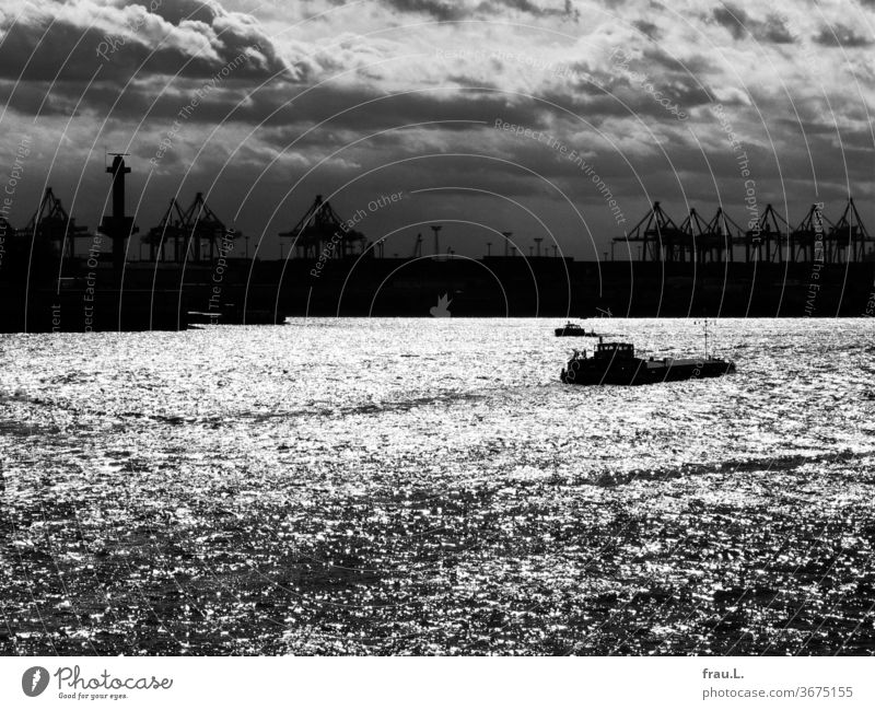 The Elbe glistens silver in the sun, the cranes remain in the dark and marvel, while the ships glide silently. Hamburg Harbour Watercraft Crane Clouds Sunset