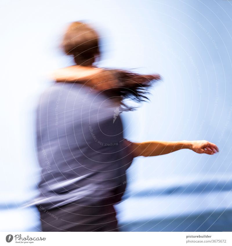 Dance in the river dance Movement Motion blur Couple Dynamics two together Trust togetherness Team arm hair Blue Man Woman Interior shot Colour photo Together