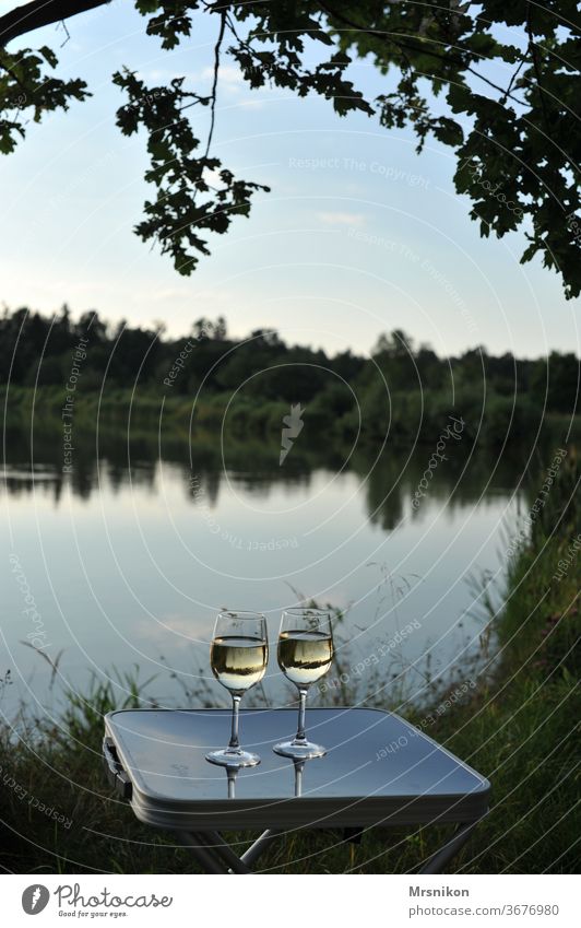 Evening mood by the water Vine Glass at the same time two both Romance White wine Table Camping Nature experience tranquillity Peace Peaceful Love tree Lake