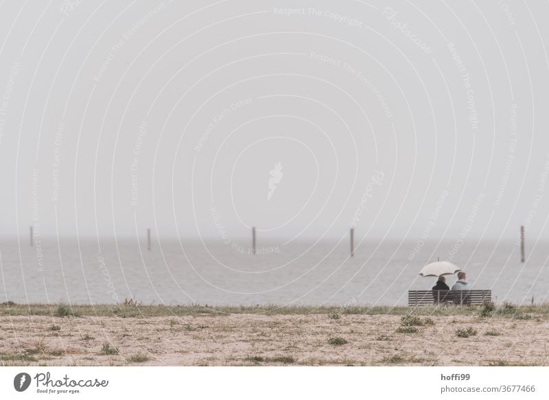 two people on a bench on the beach - with umbrella in case of rain 2 Beach Rain Umbrella Bench Ocean Sand Sky Calm Clouds Relaxation Vacation & Travel Weather