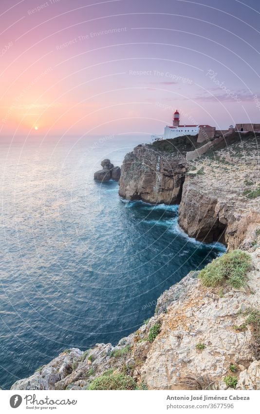 Sunset at Cape St. Vincent, Continental Europe's most South-western point, Sagres, Algarve, Portugal Cliff Clouds Coast Europa Holidays Landscape LightHouse