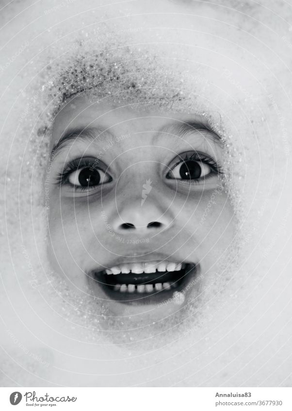 foam bath Water Bathtub Foam Foam bath Black & white photo Eyes Laughter Face Child fun Infancy bathe splash around Joy bathroom smile