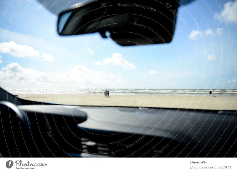 View to the sea - through the windscreen of a car at the car beach Beach Environment Climate change Beach life Ocean ocean Windscreen Tourism vacation