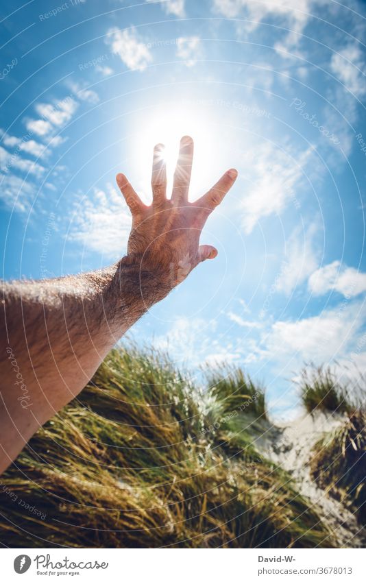 Stretch out your hand towards the sun - blinded by the sun's rays Sunlight dunes dune landscape Marram grass Sunbeam sunshine solar star already especially