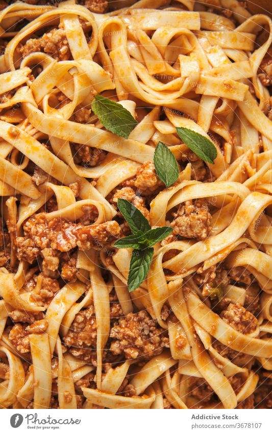 Bolognese pasta with green leaves basil bolognese sauce food serve delicious eat cuisine meal culinary recipe kitchen natural homemade tasty cook dinner yummy