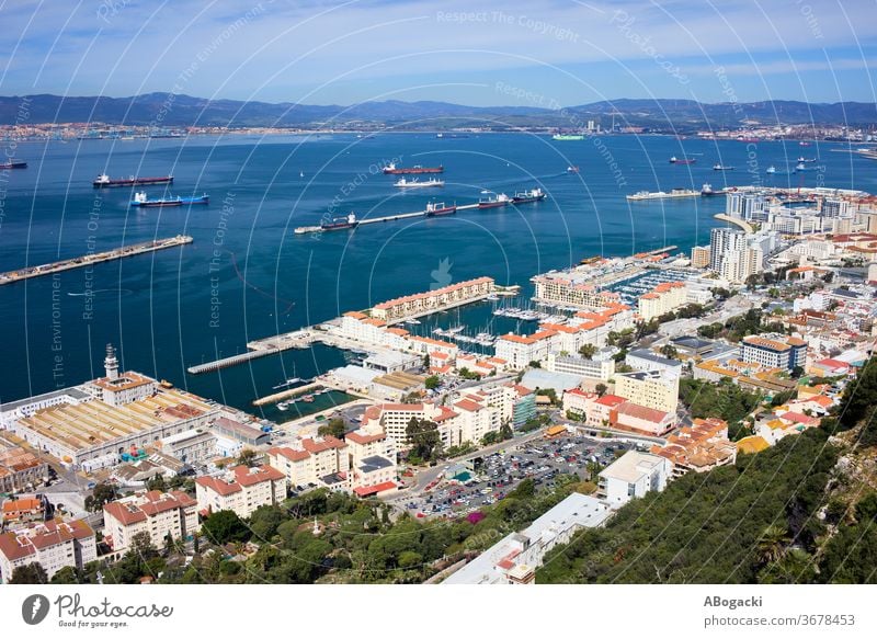 Gibraltar Town and Bay Aerial View gibraltar town above city spain europe travel tourism view site attraction tourist high andalusia spanish british place angle