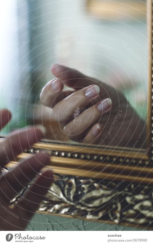 hand in front of a mirror, reflected in it by hand Fingers fingernails Mirror reflection natural Frame Ornate Reflection Mirror image Interior shot