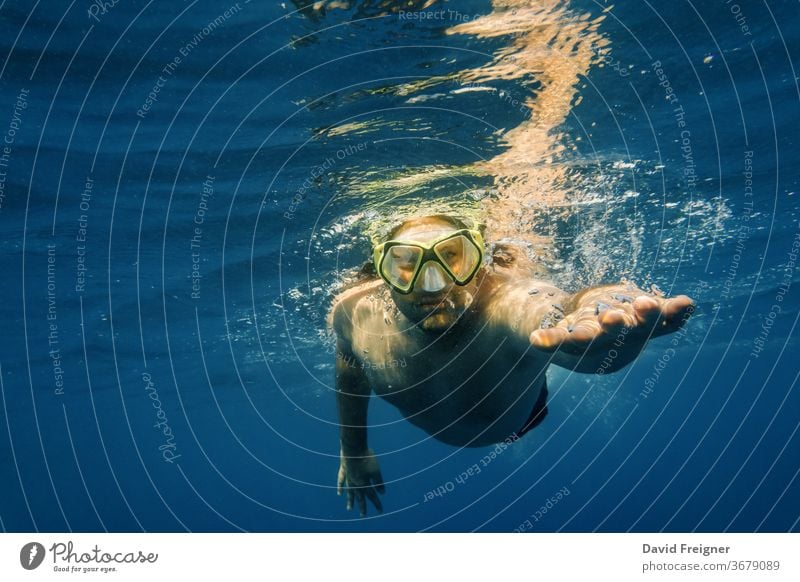 Male diver in blue water. Open sea, ocean, swimming, active travel and underwater diving concept. free mask man sport young people male crawl freestyle nature