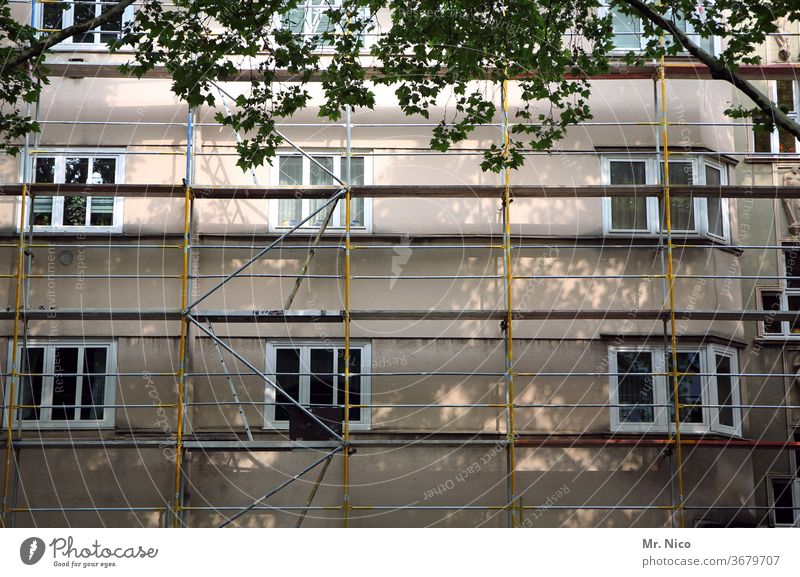 Building with scaffolding House (Residential Structure) Scaffolding Scaffolder Redecorate Window Facade Construction site Work and employment Architecture