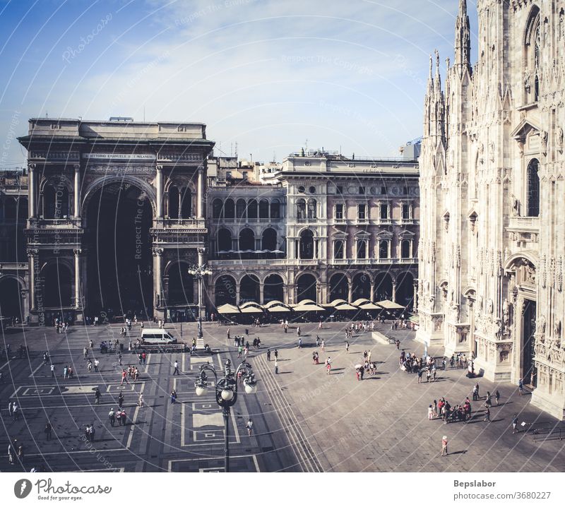 Top view of Duomo square. The duomo and the Vittorio Emanuele II gallery in Milan - Italy architecture art duomo square entrance portal