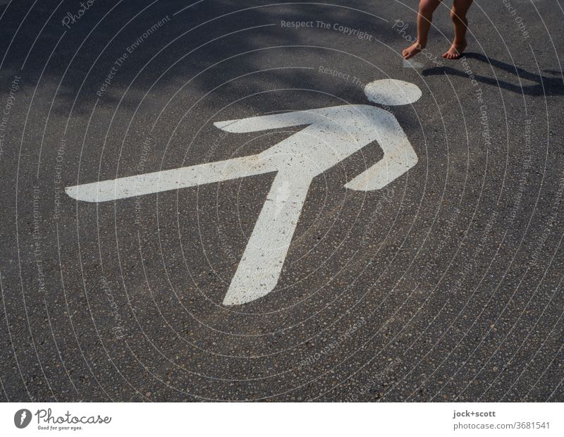Heart over head, heart at your feet pedestrian Lanes & trails Pictogram Signs and labeling Going Asphalt Child feminine heart symbol Shadow Legs Summer Sunlight