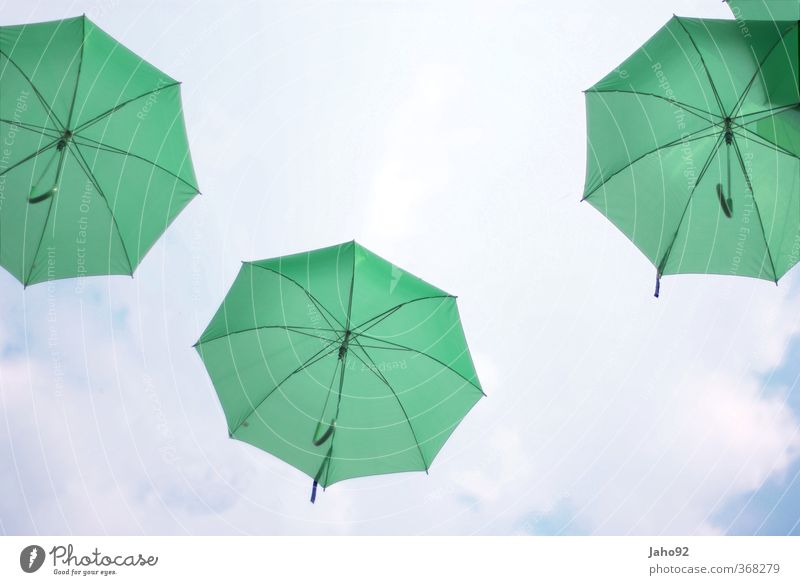 green umbrella Water Drop Ease Flying Floating Umbrella Rainwater Drops of water Sky Sky blue Green Summer vacation Summery sunshine Sun Colour photo
