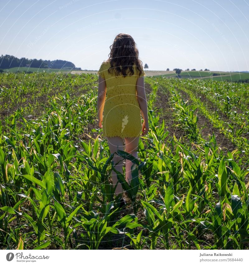 Girl in yellow dress in a cornfield Maize field Field Summer Agriculture Plant Nature Green Agricultural crop Environment Exterior shot Sky Colour photo