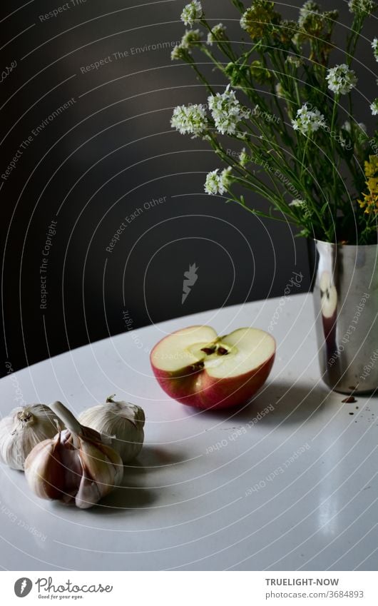 White round table in front of a dark background with a still life of garlic, half an apple and a shiny metal vase with a bunch of meadow flowers with small white blossoms and green leaves.
