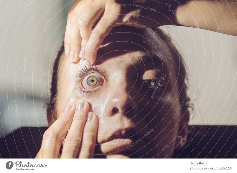 Woman tears open her eye Eyes Tear open Pupil Eyelash Iris Eyebrow Skin Face Looking Hair and hairstyles Detail Vision Lens Close-up Human being Senses spooky