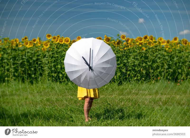 Woman stretches out a white umbrella with a clock face Clock Numbers Clock face Digits and numbers Time Alarm clock White Clock hand Summer Exterior shot