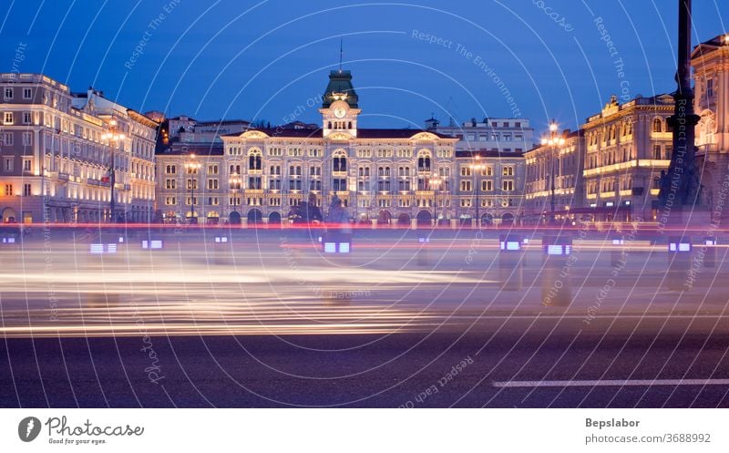 View of the Piazza unità d'Italia, at sunset in Trieste  - Italy square units Italian scenic skyline architecture lights lit palace building historical