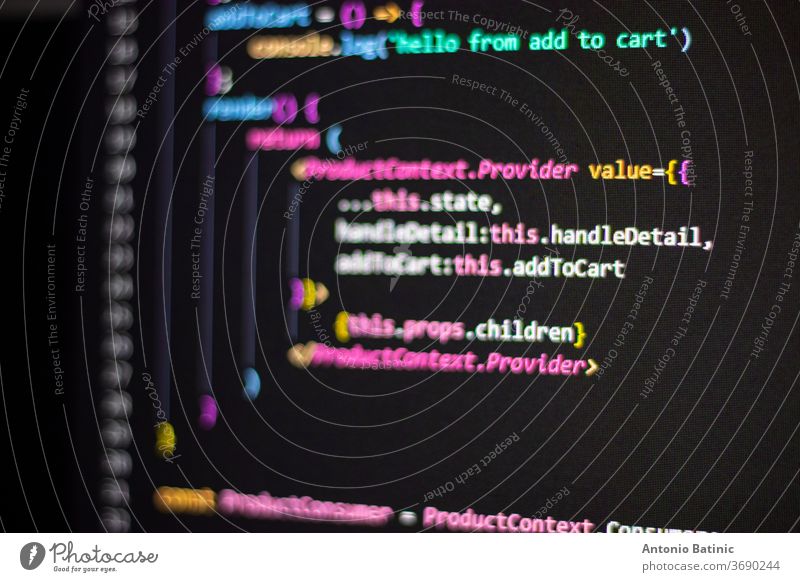 Programming language on black screen background, Javascript React code algorithm angular application binary business code on screen coding command computer css