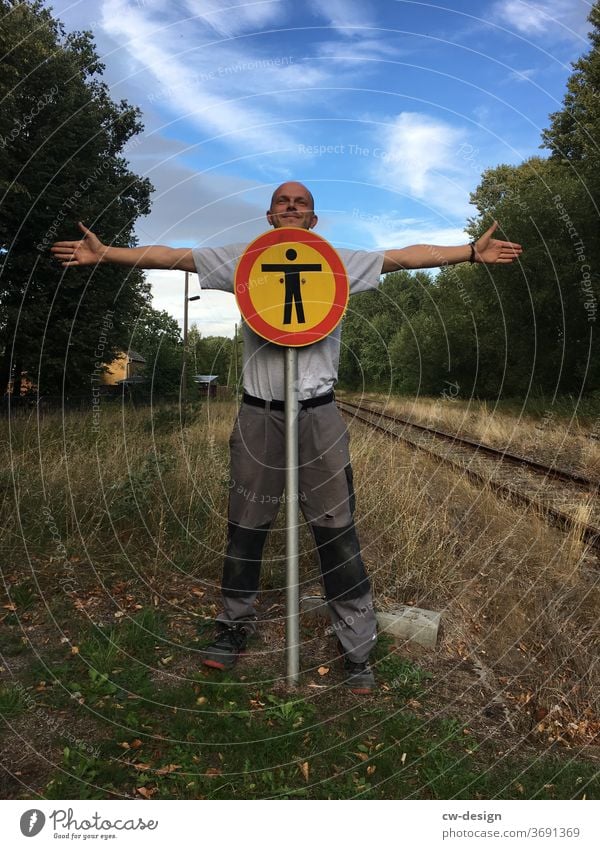 STOP person Man Railroad tracks Exterior shot Working man