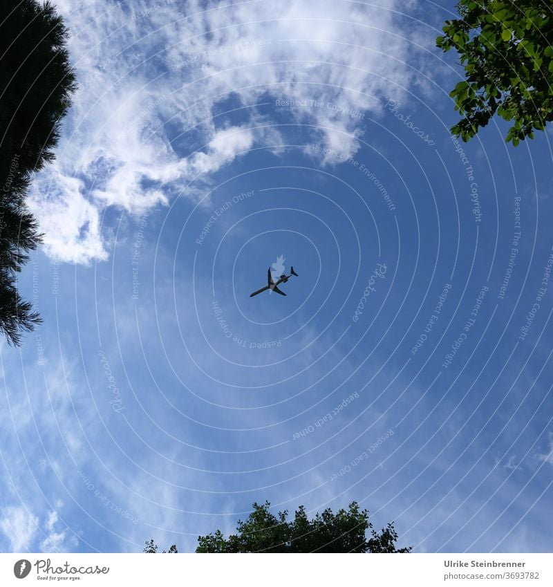 aircraft approaching for landing Airplane aviator holiday planes Sky huts Clouds Blue Aircraft Aviation Flying landing approach Flight path Means of transport