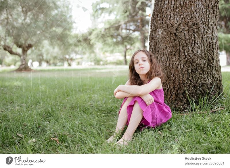 Little girl sitting under tree in park rest nature relax tranquil calm kid summer grass child lifestyle harmony lawn serene adorable season childhood meadow