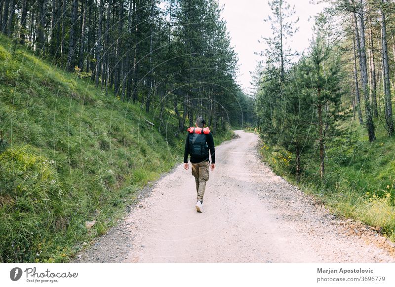 Young male nature explorer walking on the dirt road through the forest active adventure backpack backpacker backpacking countryside gravel green healthy hike