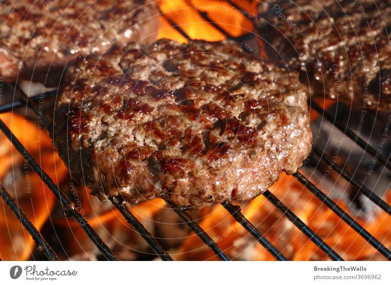 Beef burger for hamburger on barbecue flame grill bbq beef fire closeup cooking meat pork char grilled grilling grillmarks juicy preparation preparing sizzle