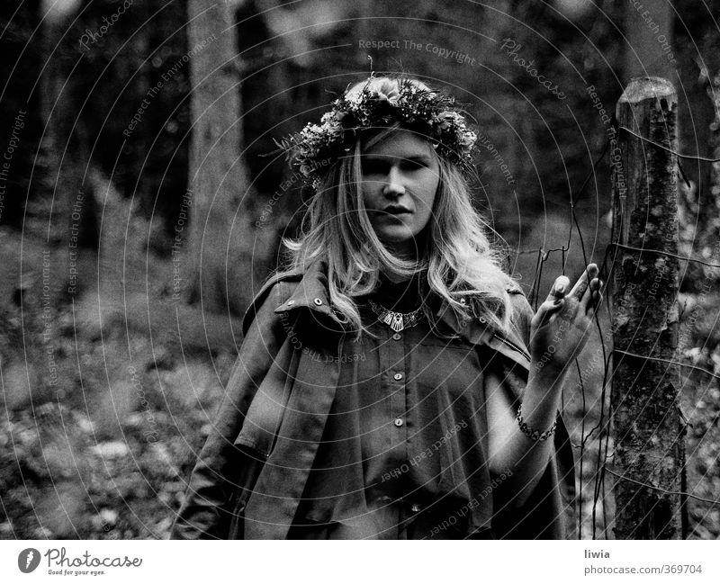 hide and seek Art Nature Landscape Spring Fashion Accessory Jewellery Loneliness Mysterious Power Style Moody Environment Change Black & white photo Girl Forest