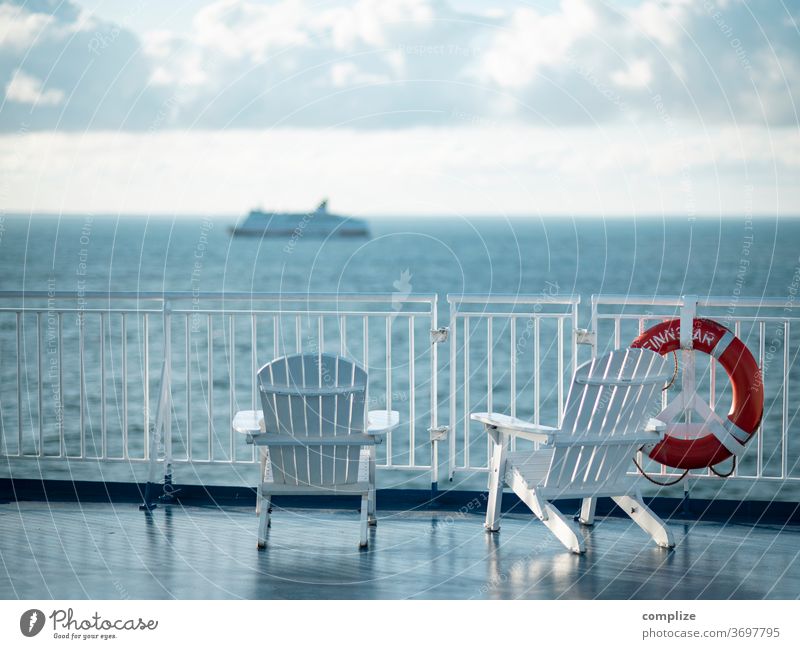 1500 - On the sun deck Navigation ship boat Ferry Sun deck Summer Couch Deckchair Crossing SOS Life belt Vantage point vacation Deserted Ocean Baltic Sea