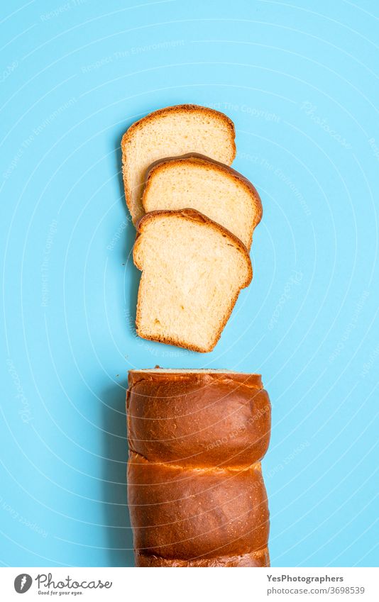 Sliced sandwich bread with sourdough. Homemade milk bread. Japanese loaf above view baked bakery baking blue background brioche butter crust cuisine cut out eat