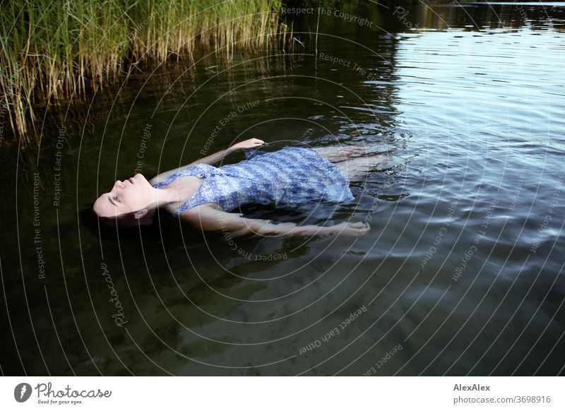 Portrait of a woman floating in a lake in front of a bank with reeds Delicate Light Athletic Feminine empathy Emotions emotionally Looking into the camera
