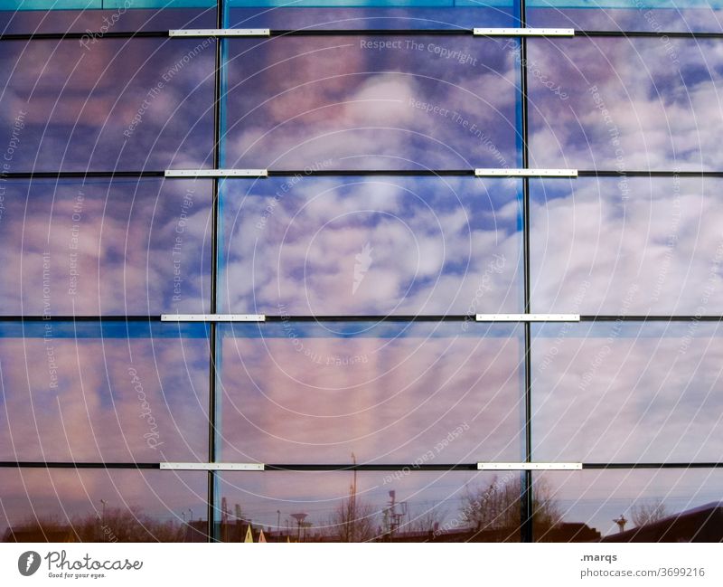 cloud mirror Facade Glas facade Pane Modern lines Reflection Sky Clouds Exceptional Architecture built Weather