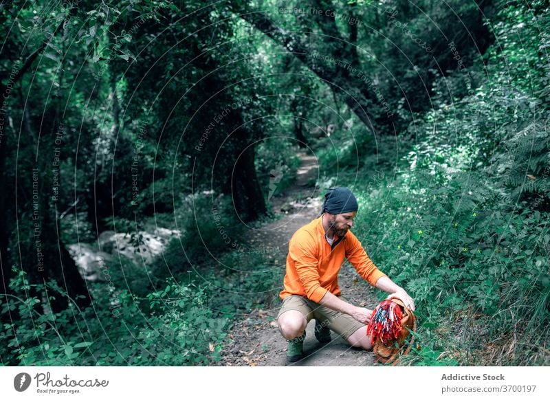 Traveler with backpack in forest travel vacation man woods beard trail green tourist male calm tourism journey trip traveler summer holiday relax nature guy