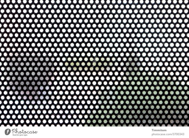 The view of the grid and behind it Grating Metal holes Black green White indistinct Shallow depth of field Deserted Colour photo Notion Close-up