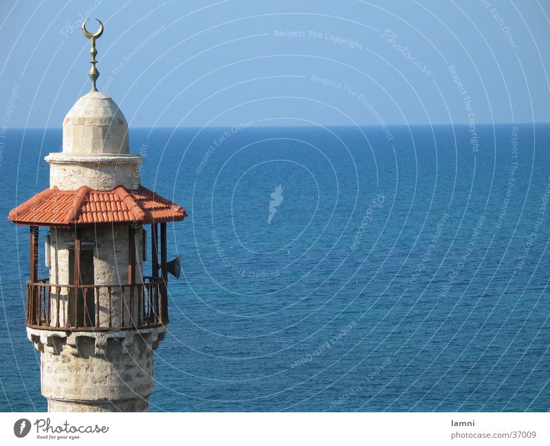 Minaret of the mosque in Alt-Jaffa Mosque Ocean Milkwort Israel Tel Aviv Horizon Islam House of worship muezzin Blue