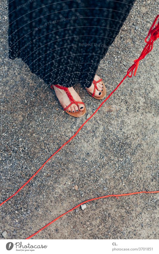 woman with red dog leash Woman Dog lead Red feet Skirt Footwear Summer Human being Stand Adults String Ground