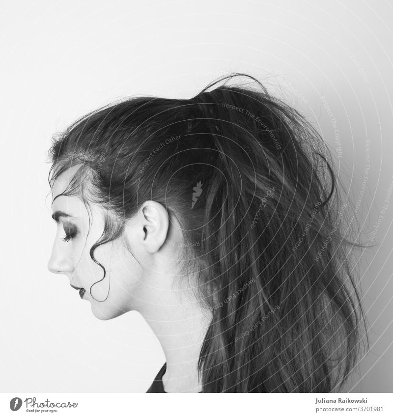 Woman with braid in black white portrait from the side Side Face Hair and hairstyles Looking Nose Mouth Head Black & white photo Silhouette Human being Feminine